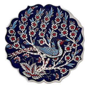 Vintage Ceramic Turkish Porcelain Pottery Trivet Trinket Hotplate Peacock Bird